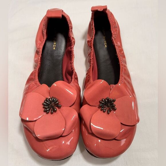 Tory Burch Pink Flower Ballet Flats Size 9 1/2 Patent Leather - Picture 2 of 11